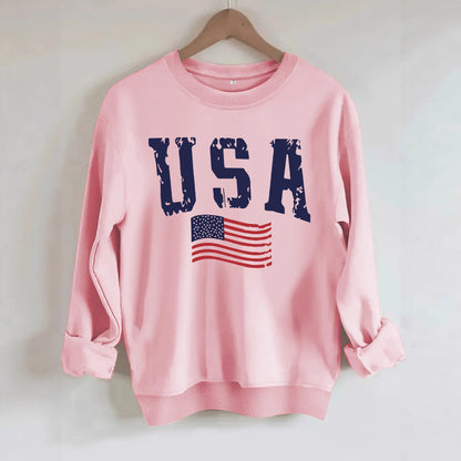 USA Flag Distressed Print Grey Sweatshirt | Unisex Round Neck Sports Pullover