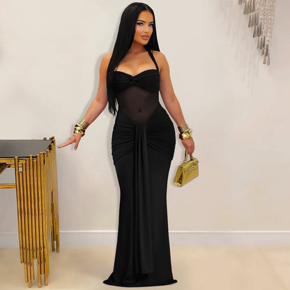 Elegant White Sheer Mesh Halter Maxi Dress – Sexy Tie-Back Glamorous Evening Gown for Women