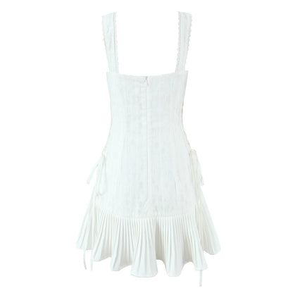 Trendy Scoop Neck Camisole Dress with Pleated Hem - Casual White Sundress