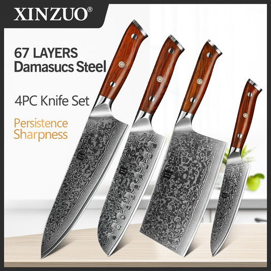 XINZUO 4-Piece Damascus Steel Kitchen Knife Set - 67 Layers VG10 Core Chef, Santoku, Utility & Cleaver Knives with Ergonomic Wood Handle