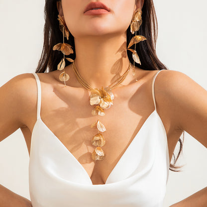 Retro Gold Ginkgo Leaf Tassel Necklace & Long Drop Earrings Set