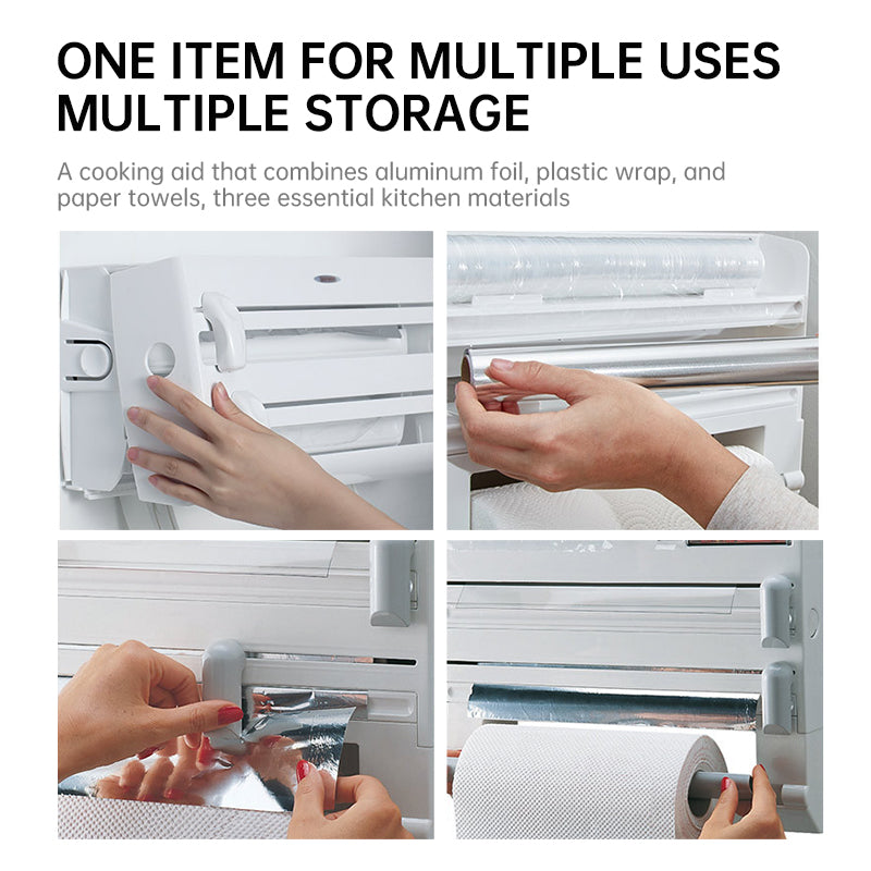 3-in-1 Wall-Mounted Kitchen Roll Holder & Cutter - Magnetic Suction Storage Rack for Foil, Cling Film & Paper Towel (Space Saving)