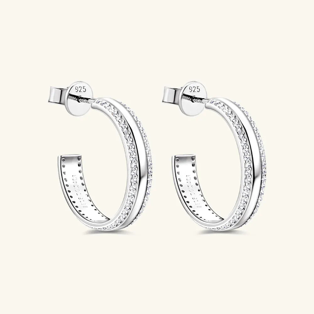 Dainty Moissanite Pave 925 Silver C-Hoop Earrings