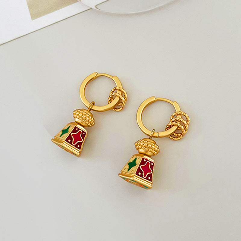 Chinese Retro Enamel Lantern Drop Hoop Earrings