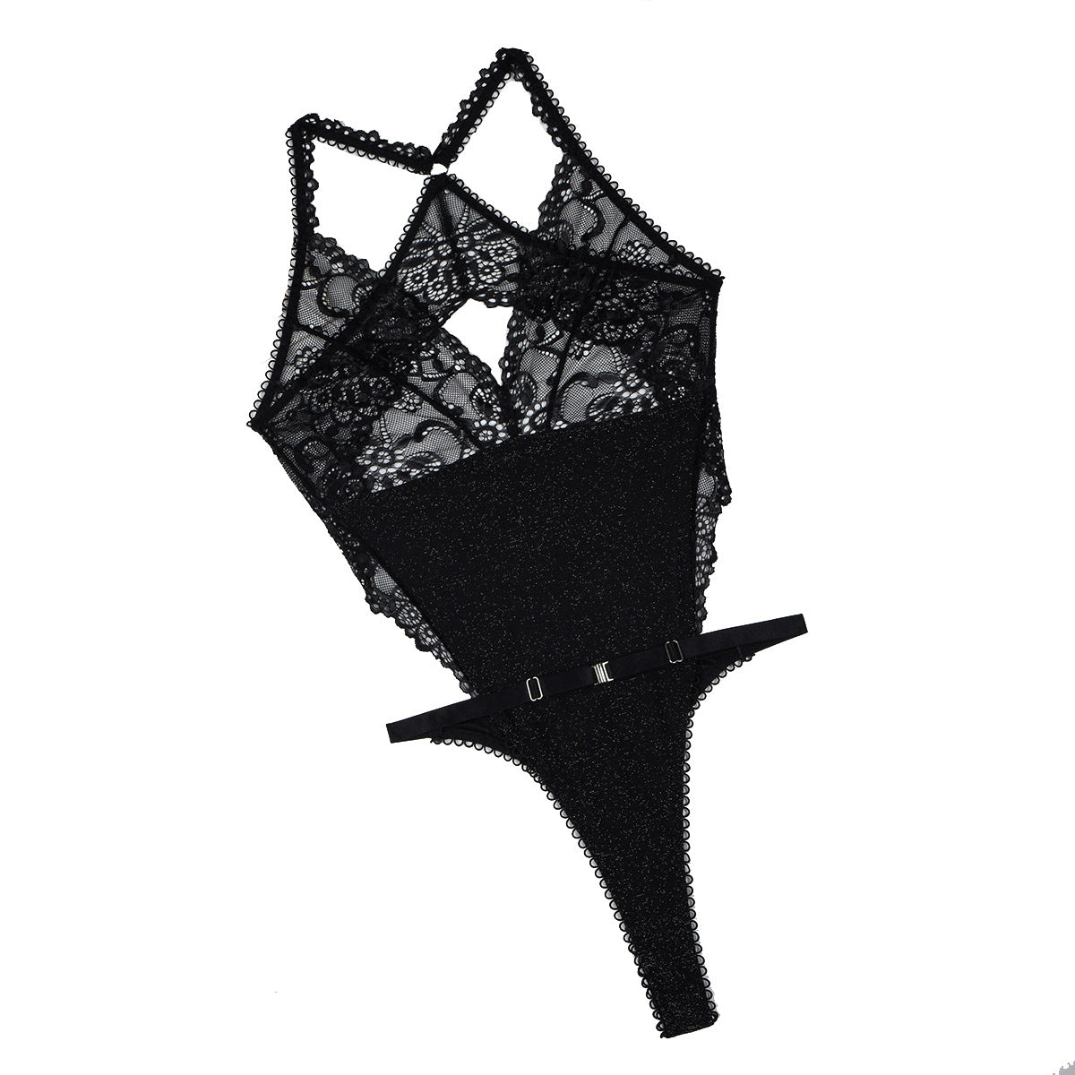 Black Lace Patchwork Backless Bodysuit Thong Jumpsuit