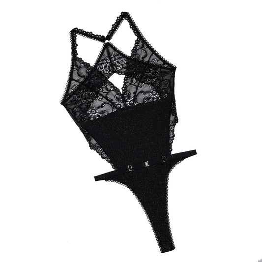 Black Lace Patchwork Backless Bodysuit Thong Jumpsuit