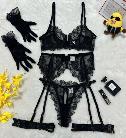 Red Lace Hollow Sheer Sexy 5-Piece Lingerie Set with Garter