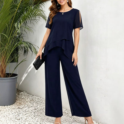 Women's Elegant Irregular Layered Top and Wide-Leg Pants Two-Piece Set