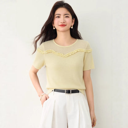 Elegant Lace Trim Round Neck Knit Top - Sweet Short Sleeve Blouse for Women