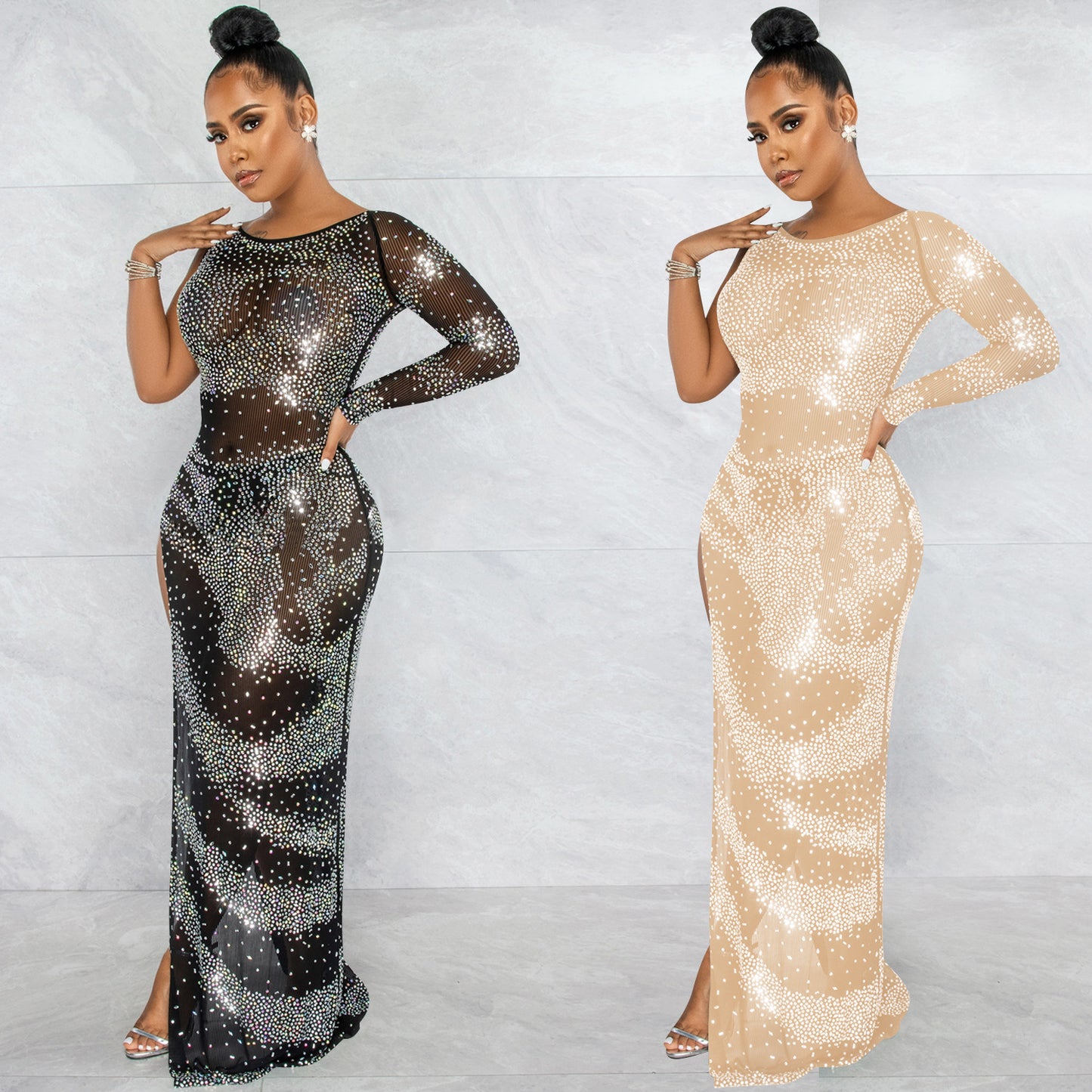 Glamorous Rhinestone Single Long Sleeve Maxi Dress – Sexy Irregular Slit Nightclub Outfit for Women