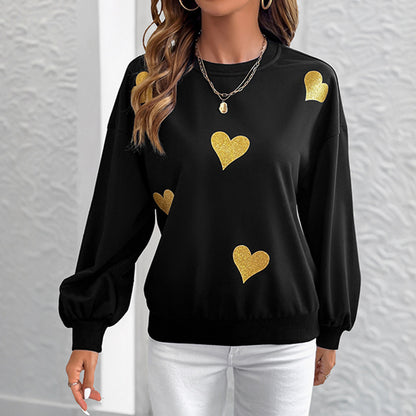 Gold Heart Printed Black Sweatshirt | Loose Fit Round Neck Long Sleeve Pullover