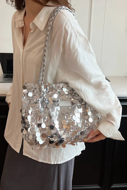 Sparkly Silver Sequin Bag with Braided Shoulder Strap (Hobo Style)