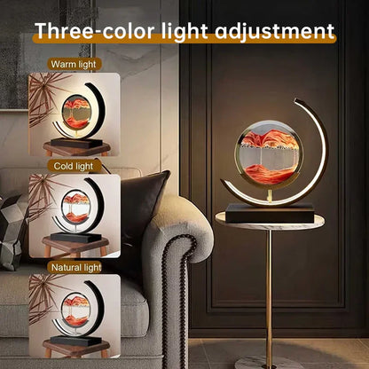Modern LED sand art lamp on side table, three-color adjustable light, home decor