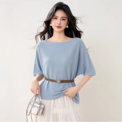 Women's Ice Silk Knit Top - Summer Loose Casual Short Sleeve T-Shirt