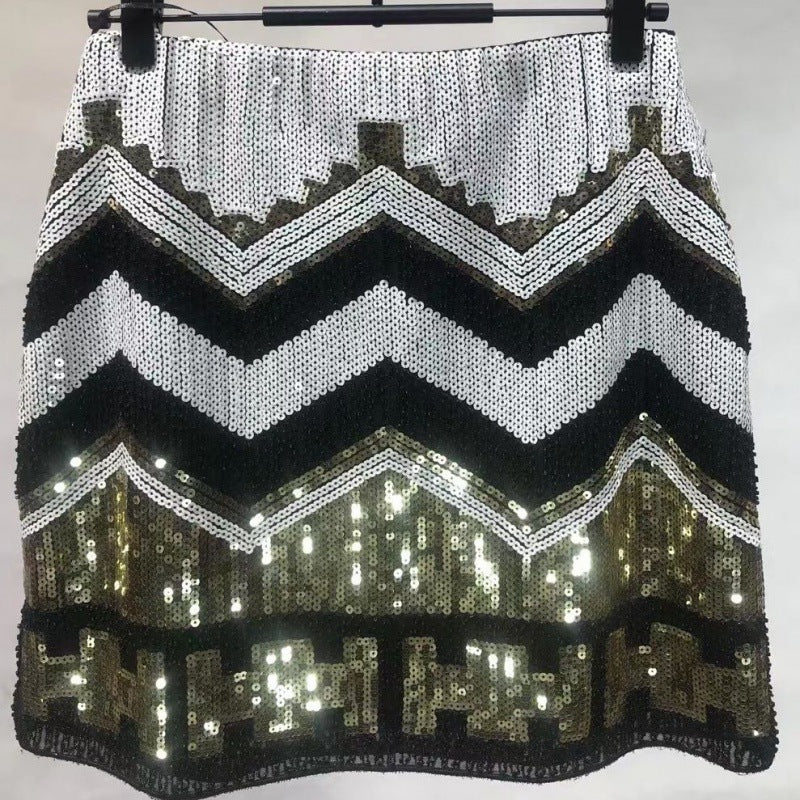 Glamorous Sequin Beaded Mini Skirt - Elegant High-Waist Party Wear