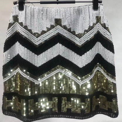 Glamorous Sequin Beaded Mini Skirt - Elegant High-Waist Party Wear