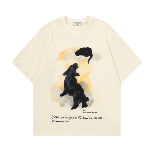 Oversized Cartoon Graffiti Graphic T-Shirt - Vintage Cream Short Sleeve Streetwear Tee