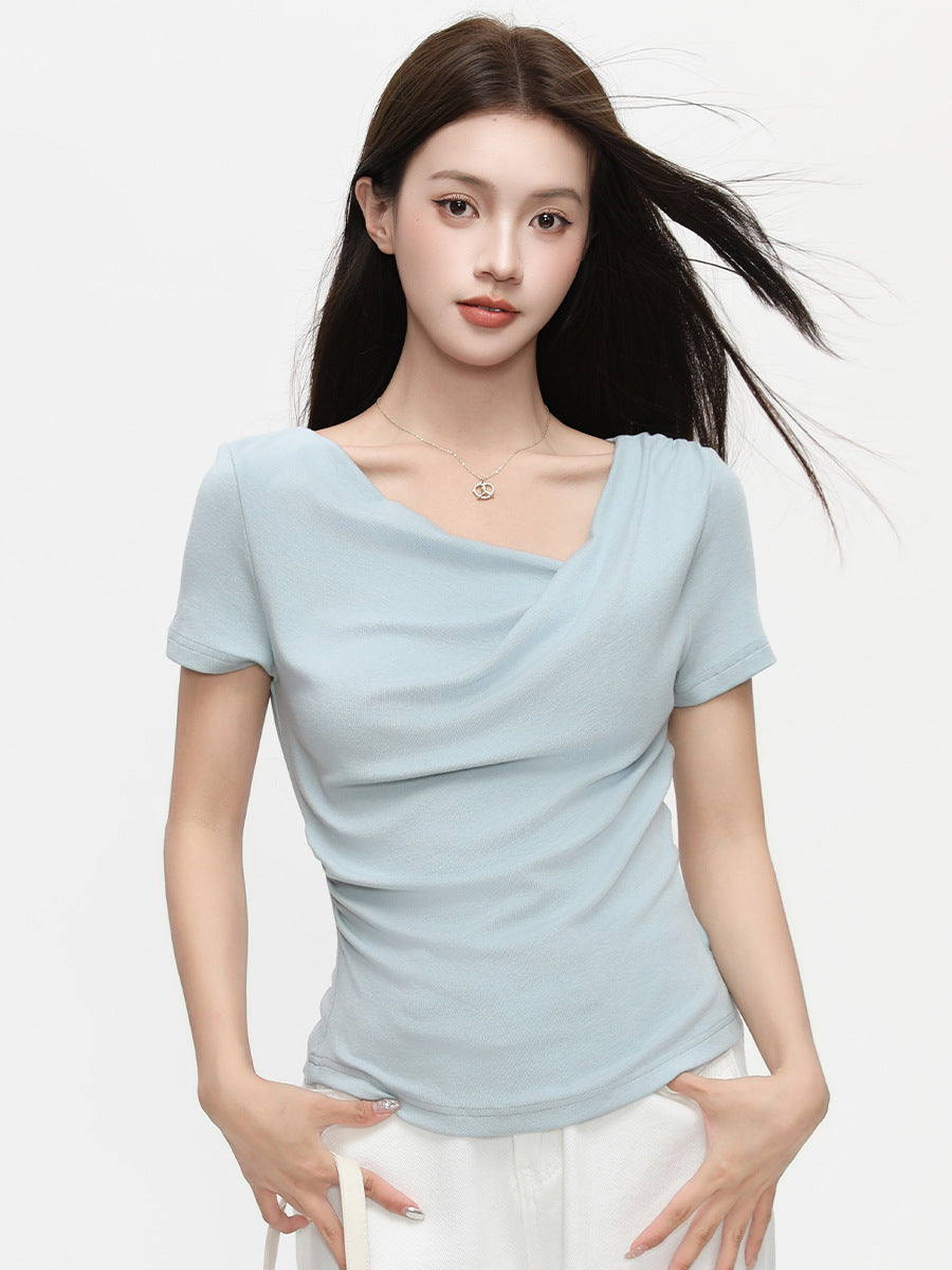 Women's Ruffled Neck Convertible Top - Casual Chic Short Sleeve Tee