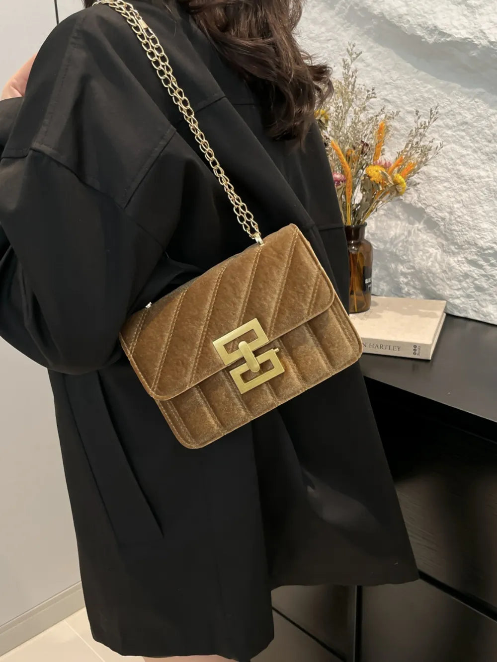 Black Velvet Chain Strap Shoulder Bag with Gold Hardware