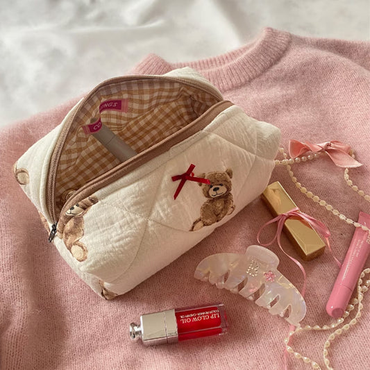 Cute Teddy Bear Quilted Portable Makeup & Skincare Storage Bag