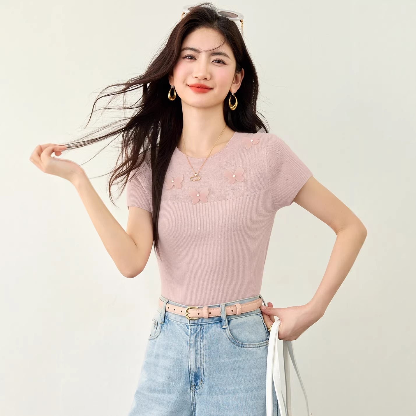 Women's Unique Butterfly Bow Detail Knit Top - Chic Short Sleeve Fitted Tee
