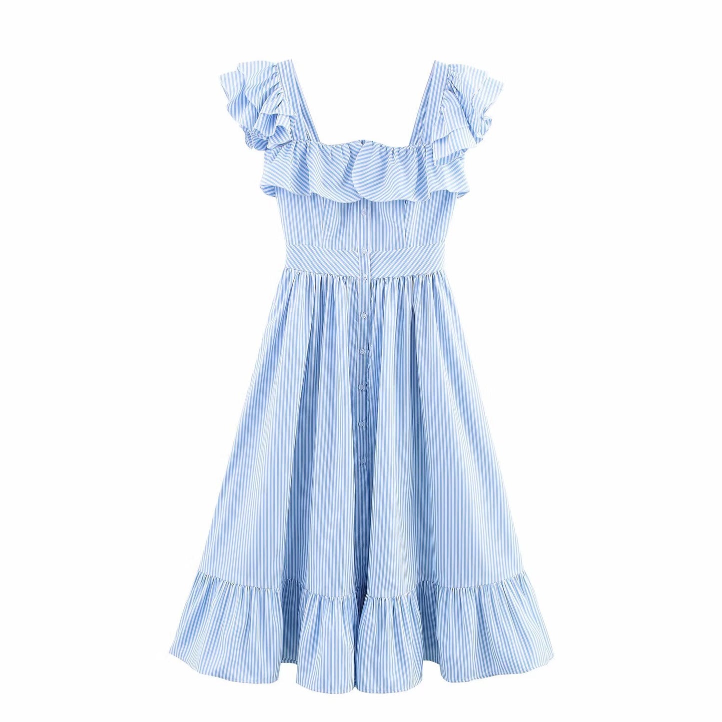 Single Breasted Striped Midi Dress - Ruffle Edge Waist Cinched Dress