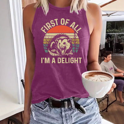 First of All, I'm a Delight' Lion Print Loose Vest | Funny Slogan Graphic Tank Top