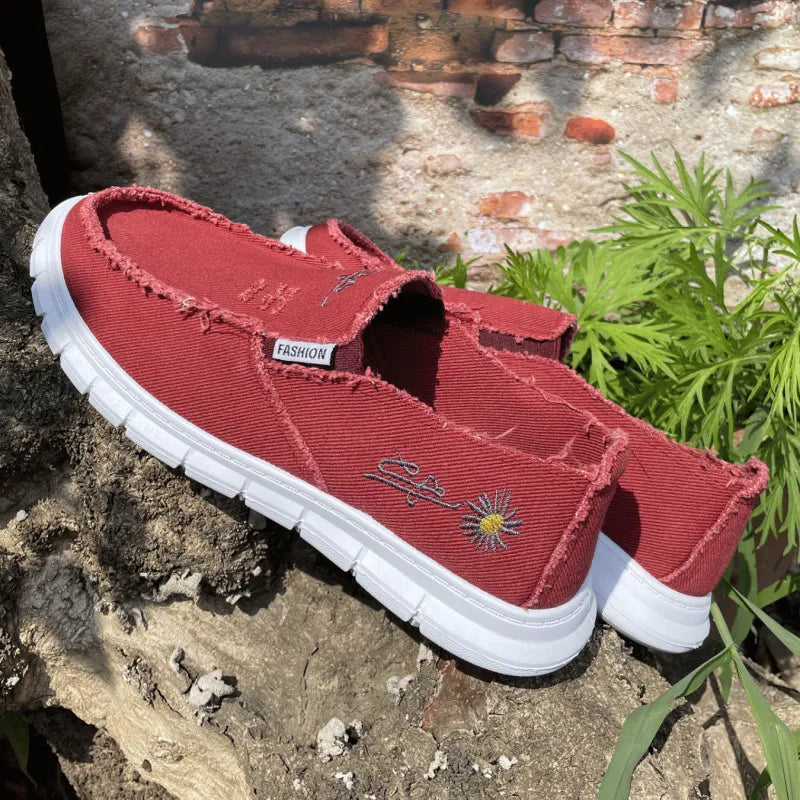 Women's Raw Edge Canvas Slip-Ons - Comfortable Round Toe Embroidery Flat Shoes