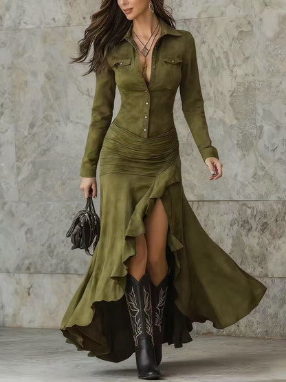 Women's Elegant Stand Collar Long Sleeve Dress - Slim Fit Slit Maxi Dress