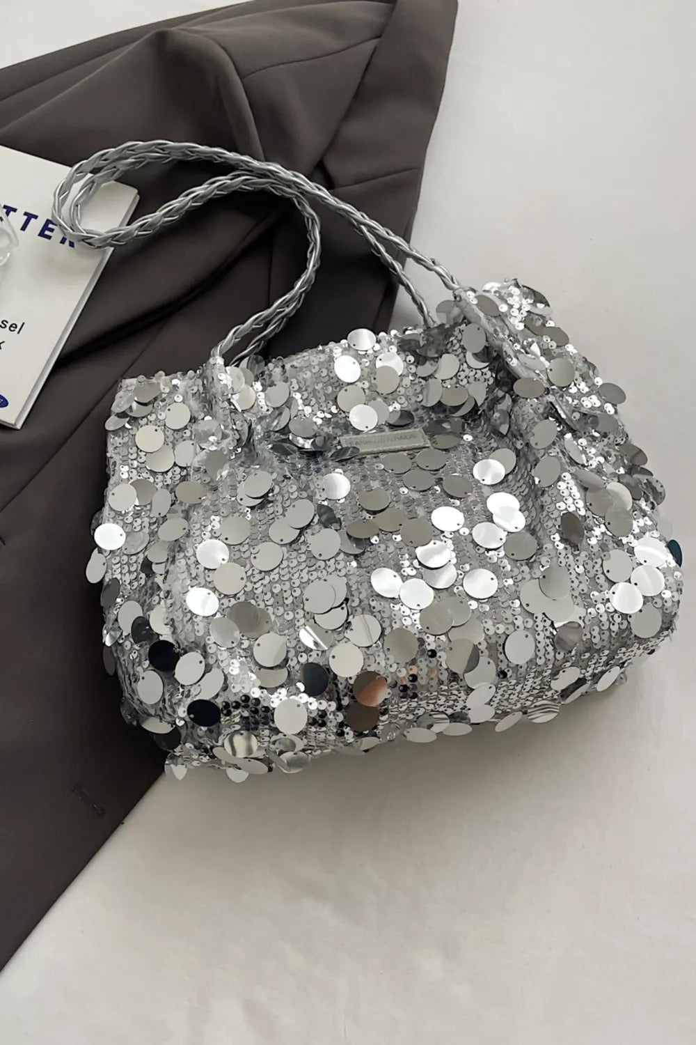 Sparkly Silver Sequin Bag with Braided Shoulder Strap (Hobo Style)