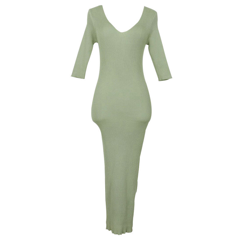 Ribbed V-Neck Bodycon Maxi Dress - Slim Fit Half Sleeve Sage Green Long Gown
