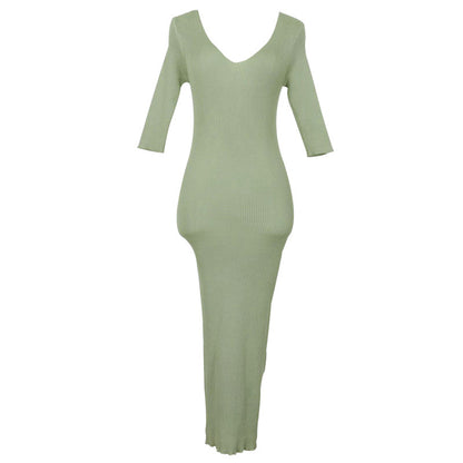 Ribbed V-Neck Bodycon Maxi Dress - Slim Fit Half Sleeve Sage Green Long Gown