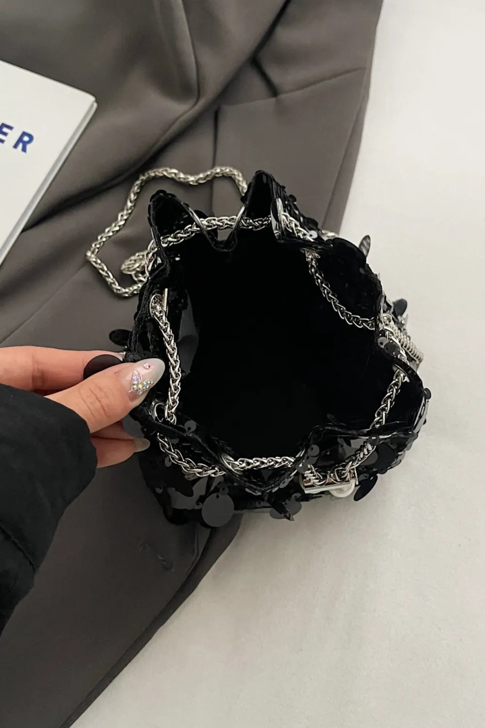 Shimmering Drawstring Sequin Pouch Crossbody Bag
