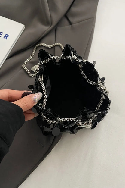 Shimmering Drawstring Sequin Pouch Crossbody Bag