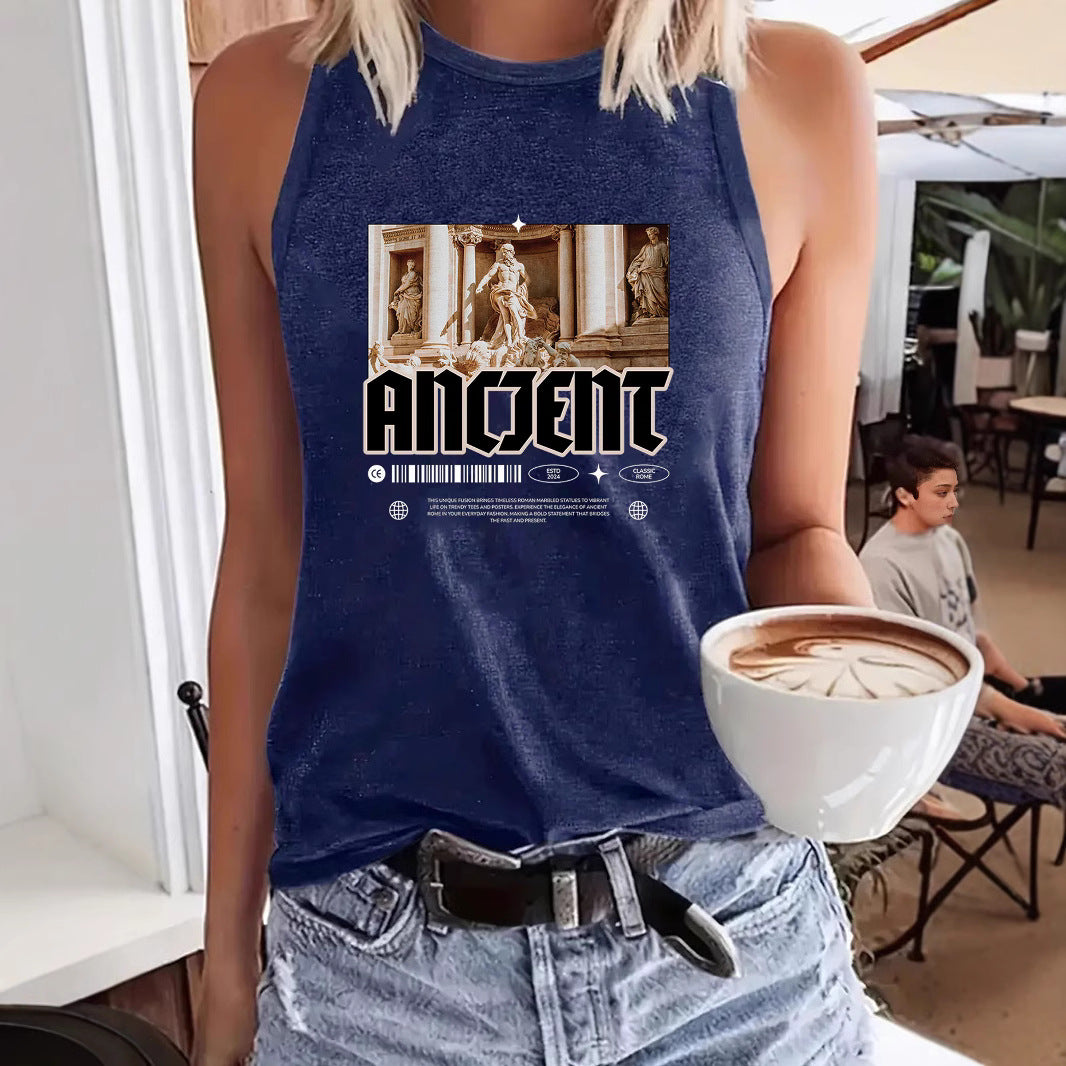 ANOENT Pattern Loose Women's Tank Top | Ancient Ruins Graphic Sleeveless Shirt