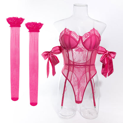 Purple Lace Bodysuit with Garter Straps and Matching Stockings Set