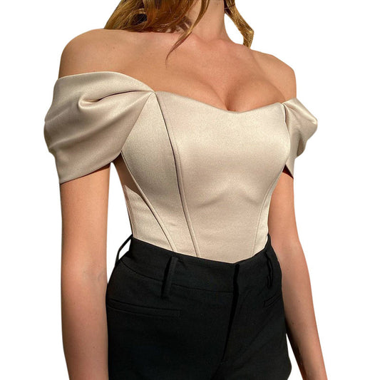 Fishbone Waist Cinched Strapless Satin One Shoulder Top for Women | Corset Style Top