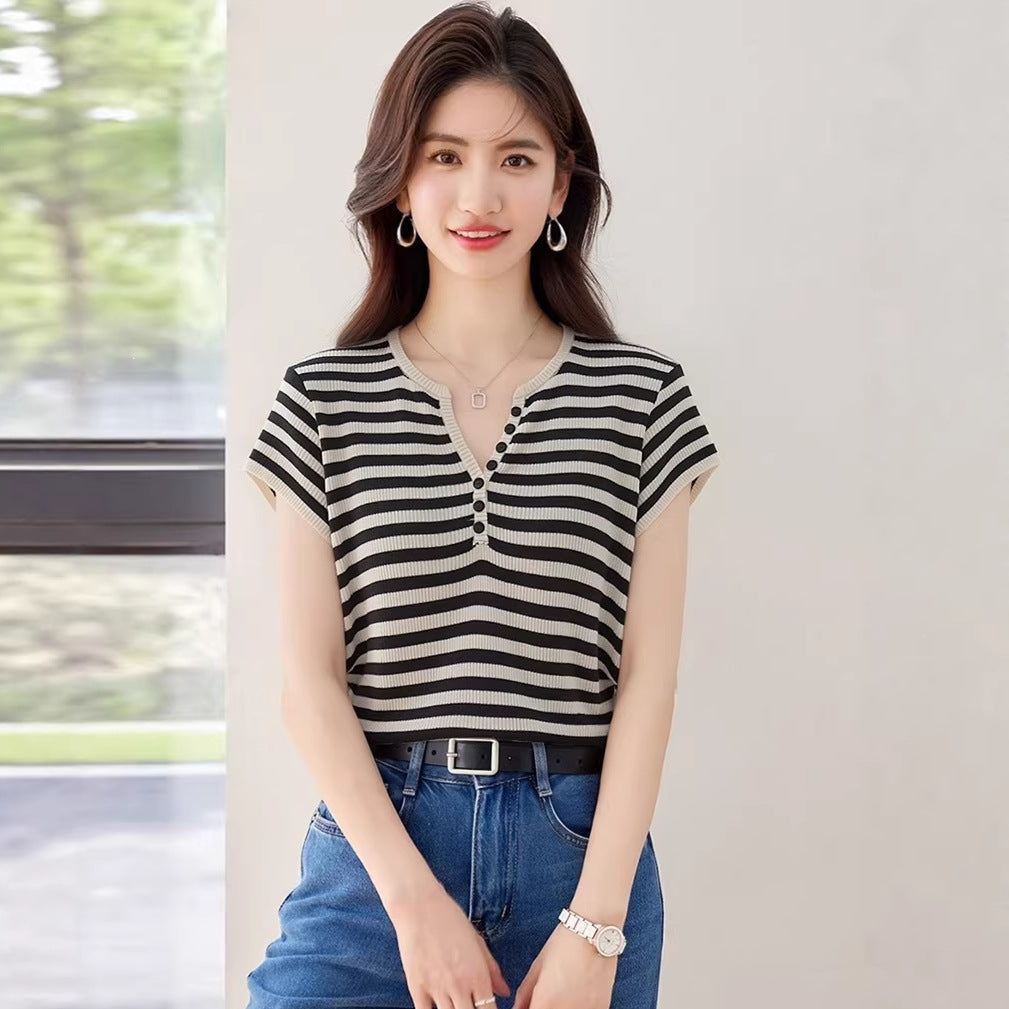 Women's Striped Knitted Short Sleeve Top - Chic Slim Fit V-Neck Shirt
