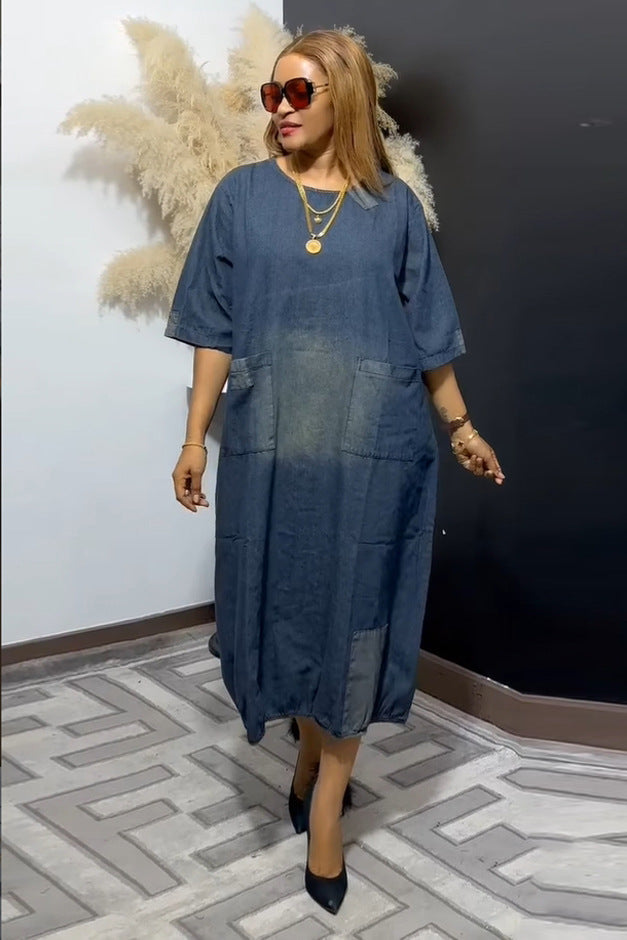 Retro Loose Fit Denim Midi Dress - Casual Patchwork Kaftan Dress