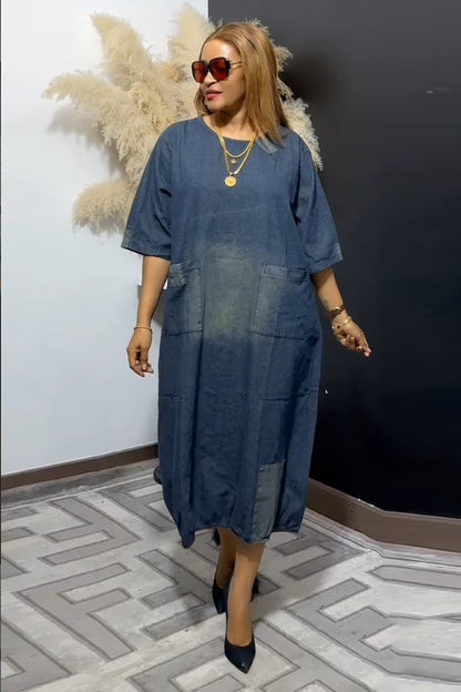 Retro Loose Fit Denim Midi Dress - Casual Patchwork Kaftan Dress