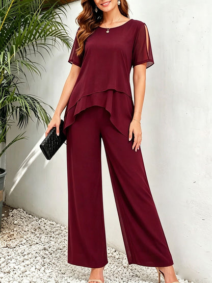 Women's Elegant Irregular Layered Top and Wide-Leg Pants Two-Piece Set