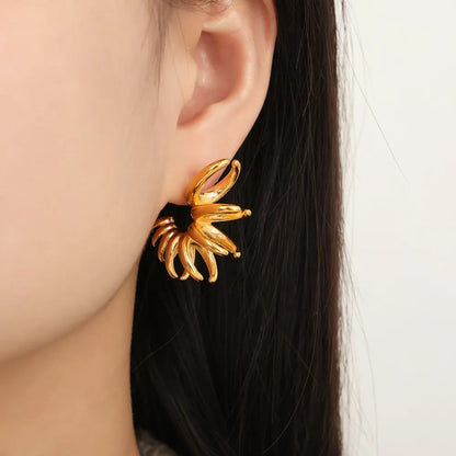 Bold Gold Tone Irregular Flower Statement Earrings