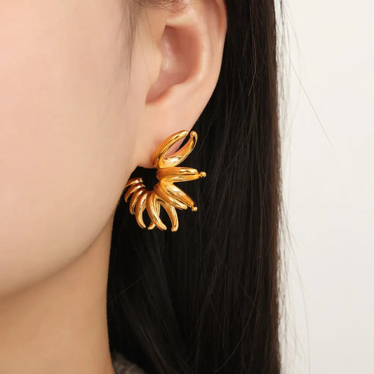 Bold Gold Tone Irregular Flower Statement Earrings
