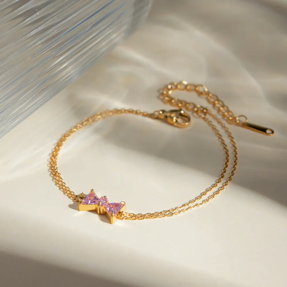 Elegant Stainless Steel Pink Zircon Bow Bracelet for Women