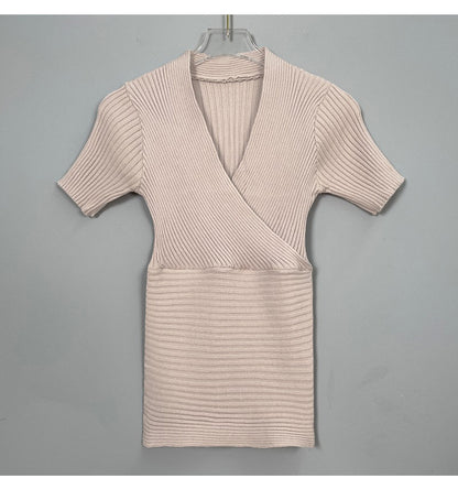 Chic V-Neck Ribbed Knit Short Sleeve Wrap Top