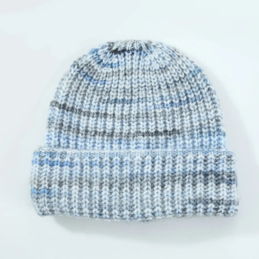 Unisex Thermal Contrast Color Knit Beanie Hat | Soft Warm Ribbed Winter Skull Cap