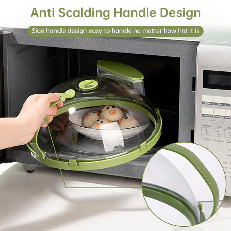 Anti-Splatter Microwave Food Cover with Steam Vent & Water Reservoir - 10 Inch Clear Heat-Resistant Plate Lid with Handle