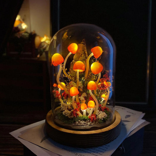Enchanting Handmade Mushroom Forest Lamp - Preserved Flower Night Light in Glass Dome for Cottagecore Decor