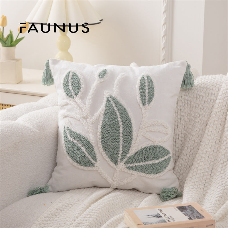 Bohemian Tufted Throw Pillow Cover - Ethnic Moroccan Leaf Embroidered Cushion Case