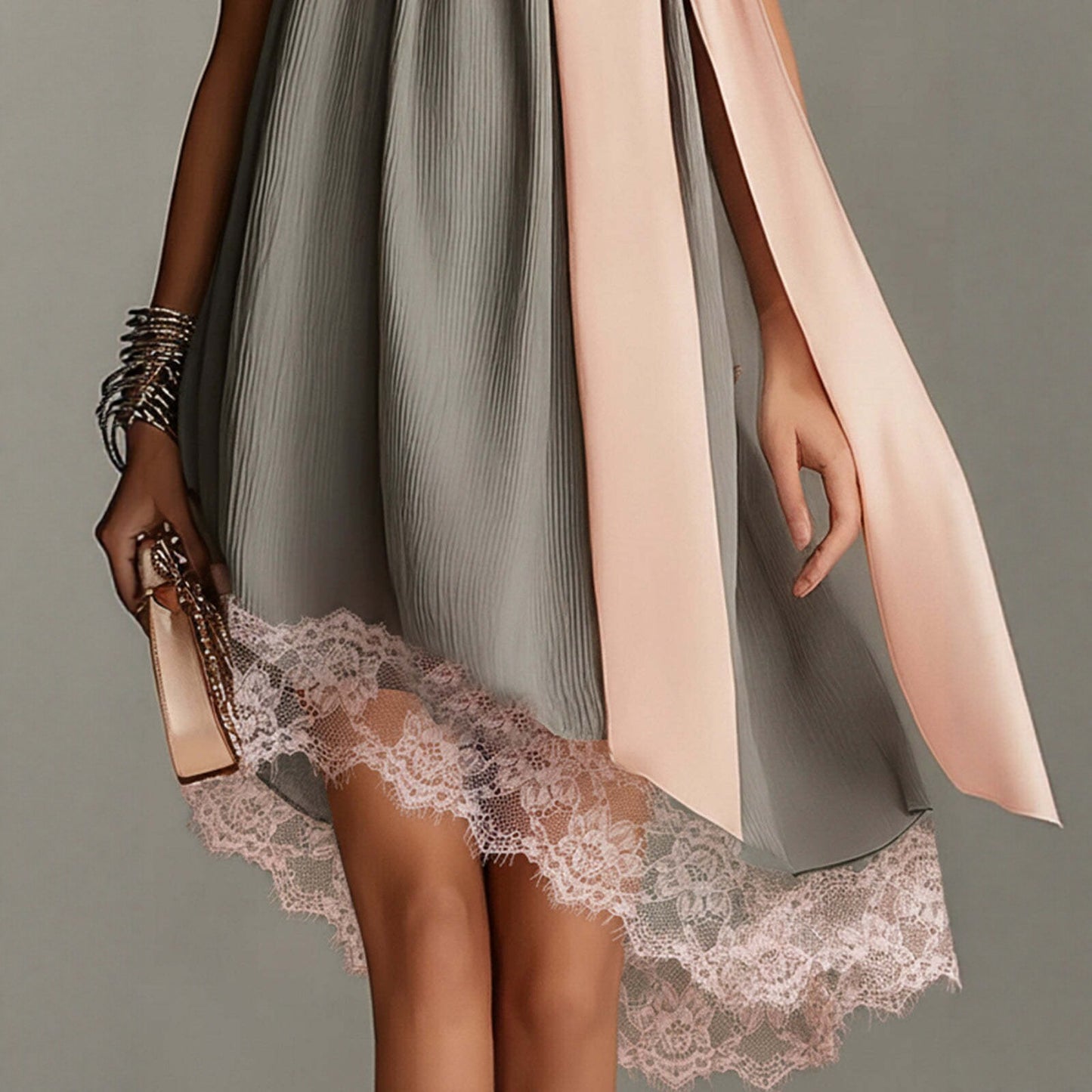 Fashionable Loose Satin Ribbon Strapless Summer Vacation Dress with Lace Hem